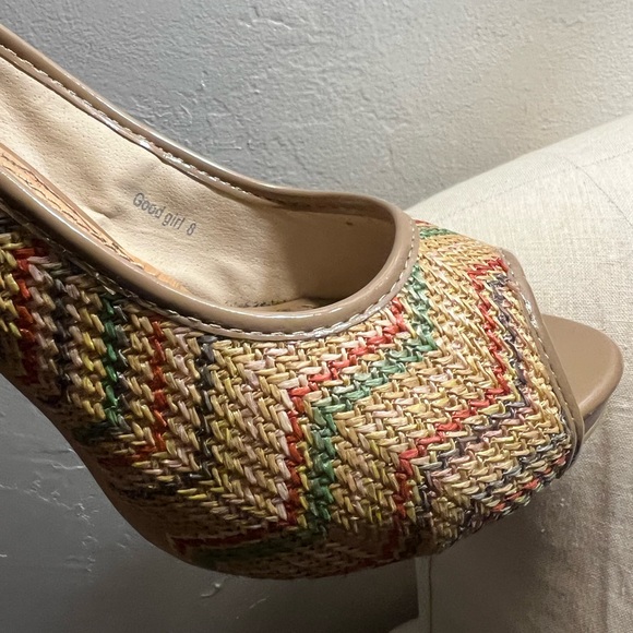 Italian Henry Ferrera Tan Y2K Peep Toe Wicker Wood Heels Stiletto Pumps 8 Italy - Picture 5 of 16